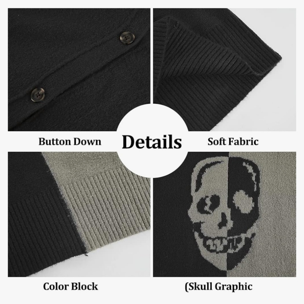 Color Block Skull Grunge Cardigan Long Sleeve Front Button Down Goth Oversized - Picture 12 of 12